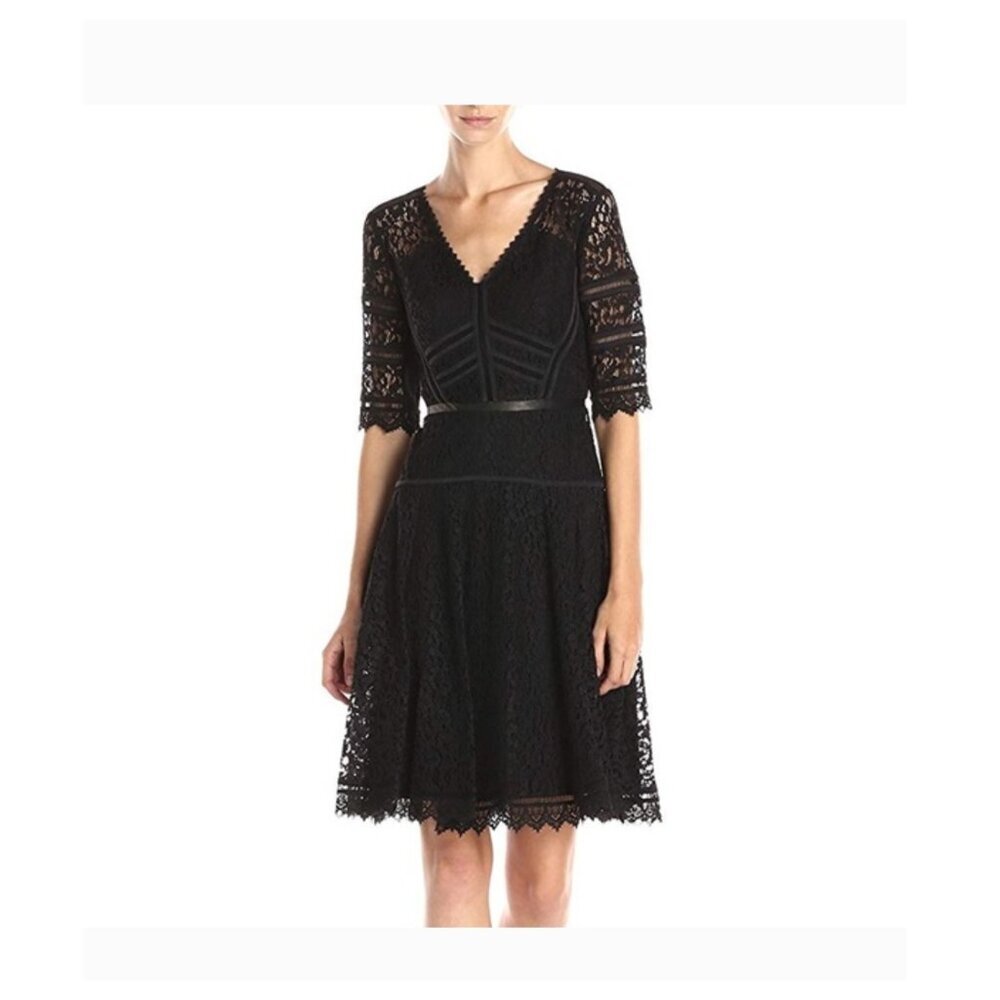 Rebecca Taylor Black Lace Cocktail Dress Size 10 Half Sleeve Fit & Flare Leather